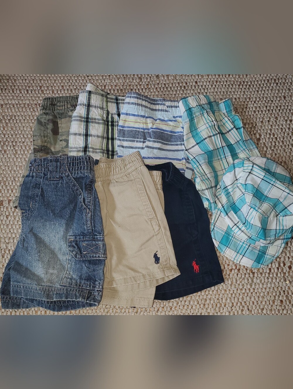 12 Month Mixed Boys Shorts Bundle with Plaid and Denim - Tan, Navy, Green, Blue